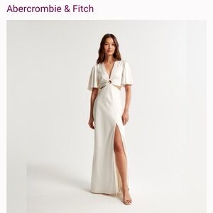 Abercrombie & Fitch Ivory Maxi Slit Dress with Cape Sleeves